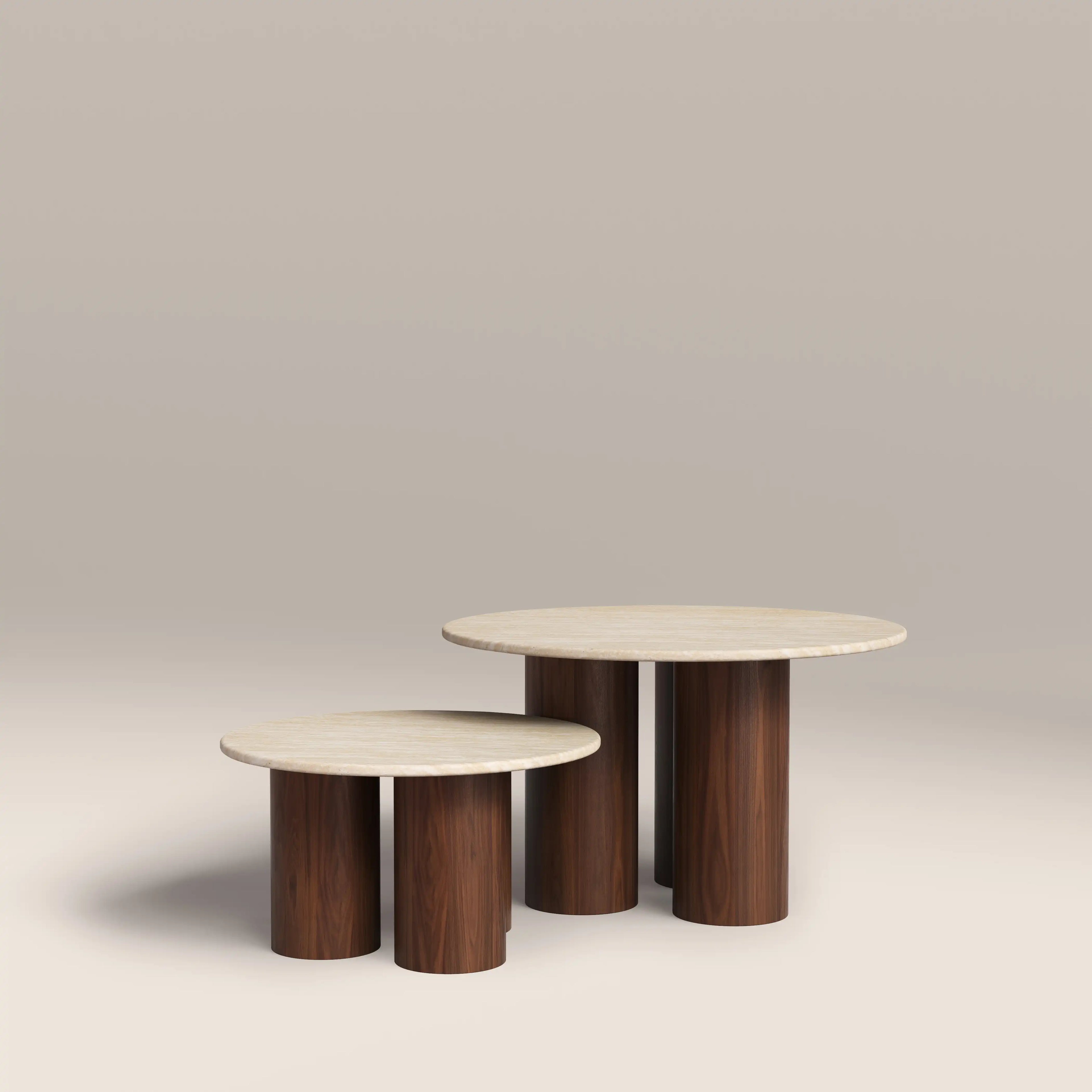 Brynleigh Set of 2 Nesting Round Coffee Tables | Natural Travertine Effect Stone & Walnut