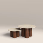 Brynleigh Set of 2 Nesting Round Coffee Tables | Natural Travertine Effect Stone & Walnut