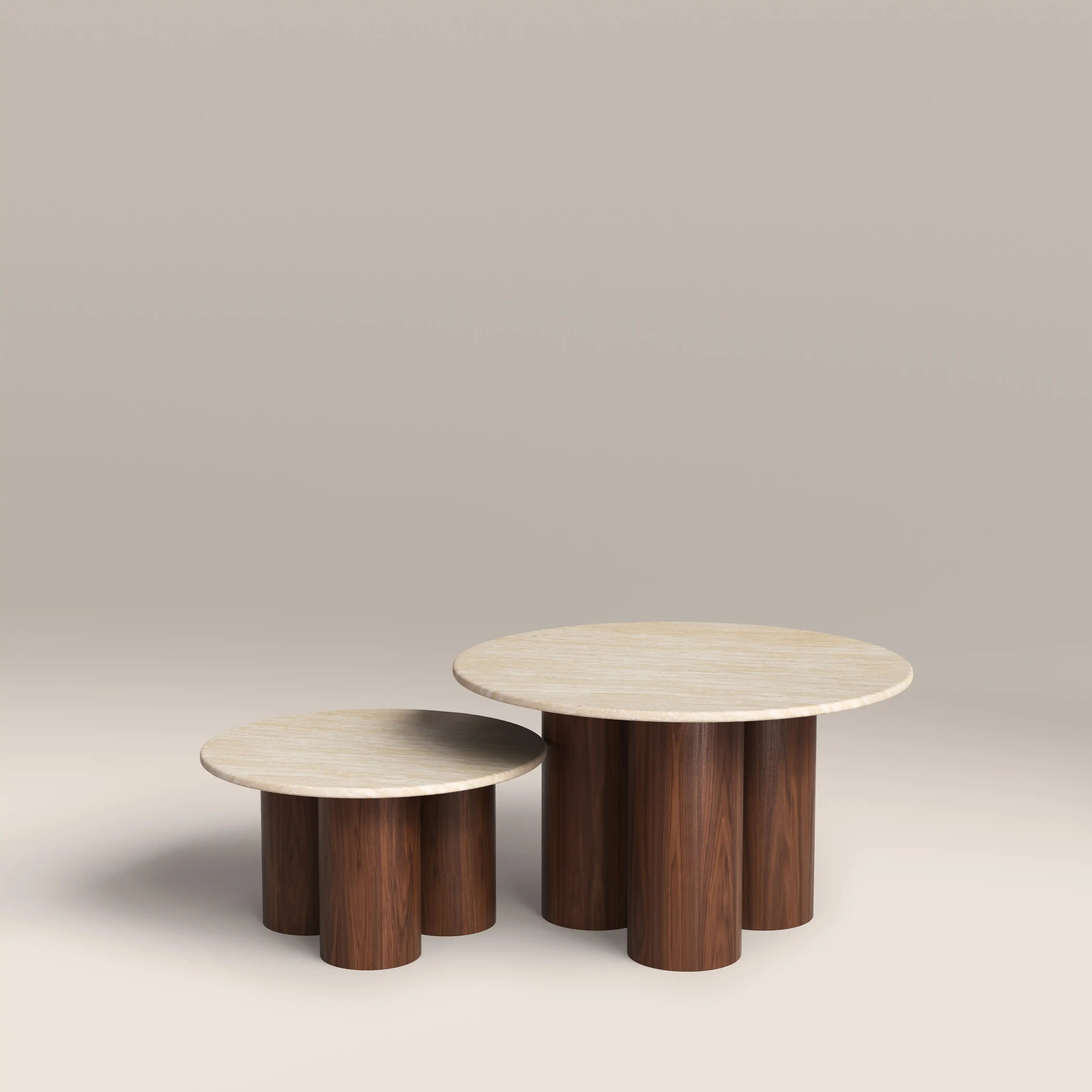 Brynleigh Set of 2 Nesting Round Coffee Tables | Natural Travertine Effect Stone & Walnut