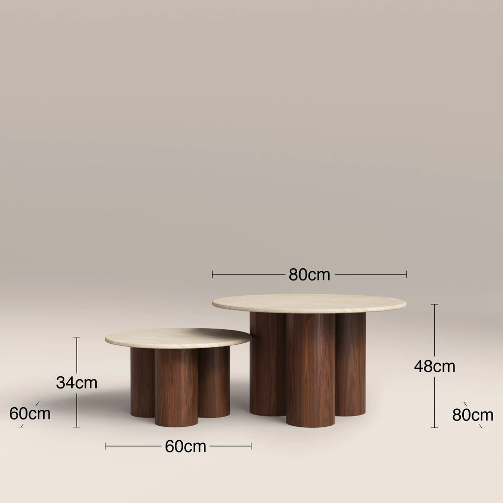 Brynleigh Set of 2 Nesting Round Coffee Tables | Natural Travertine Effect Stone & Walnut