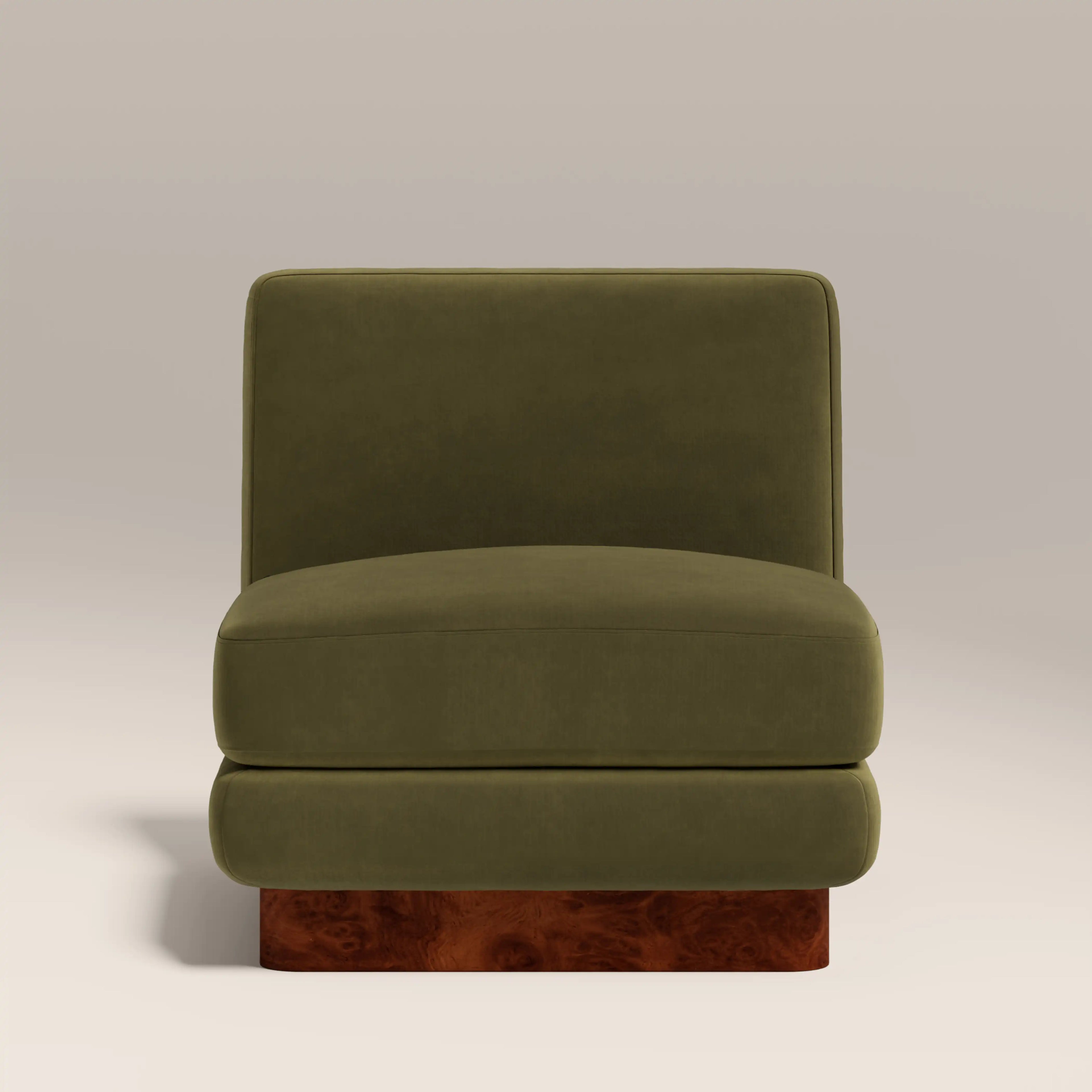 Harrison Accent Chair | Moss Green Sustainable Mohair Velvet & Walnut Burl Wood
