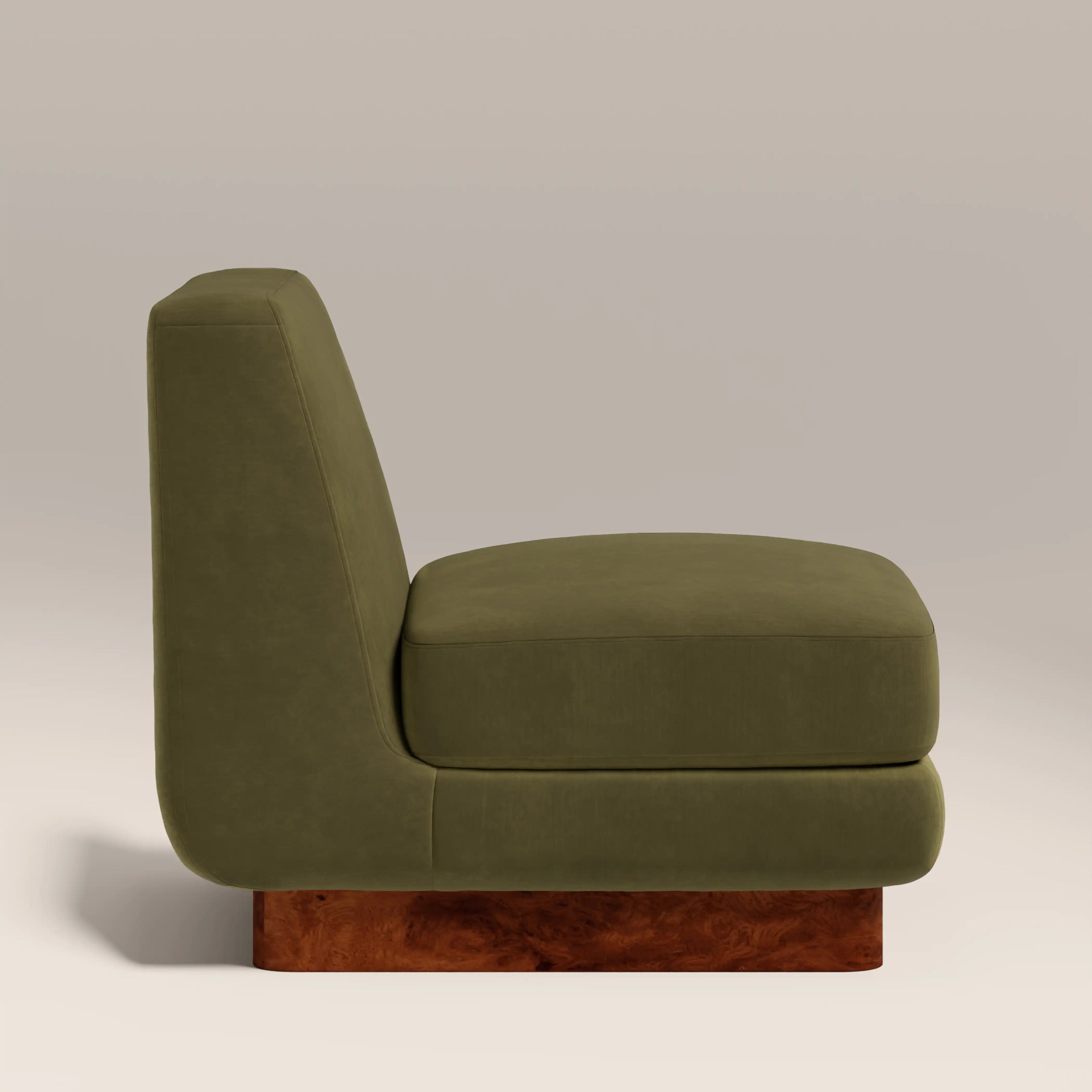 Harrison Accent Chair | Moss Green Sustainable Mohair Velvet & Walnut Burl Wood
