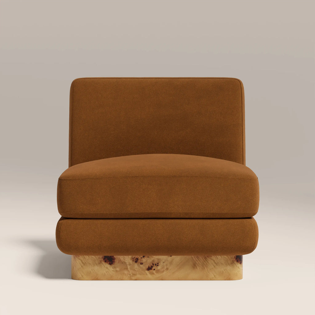 Harrison Accent Chair | Caramel Brown Sustainable Mohair Velvet & Burl Wood