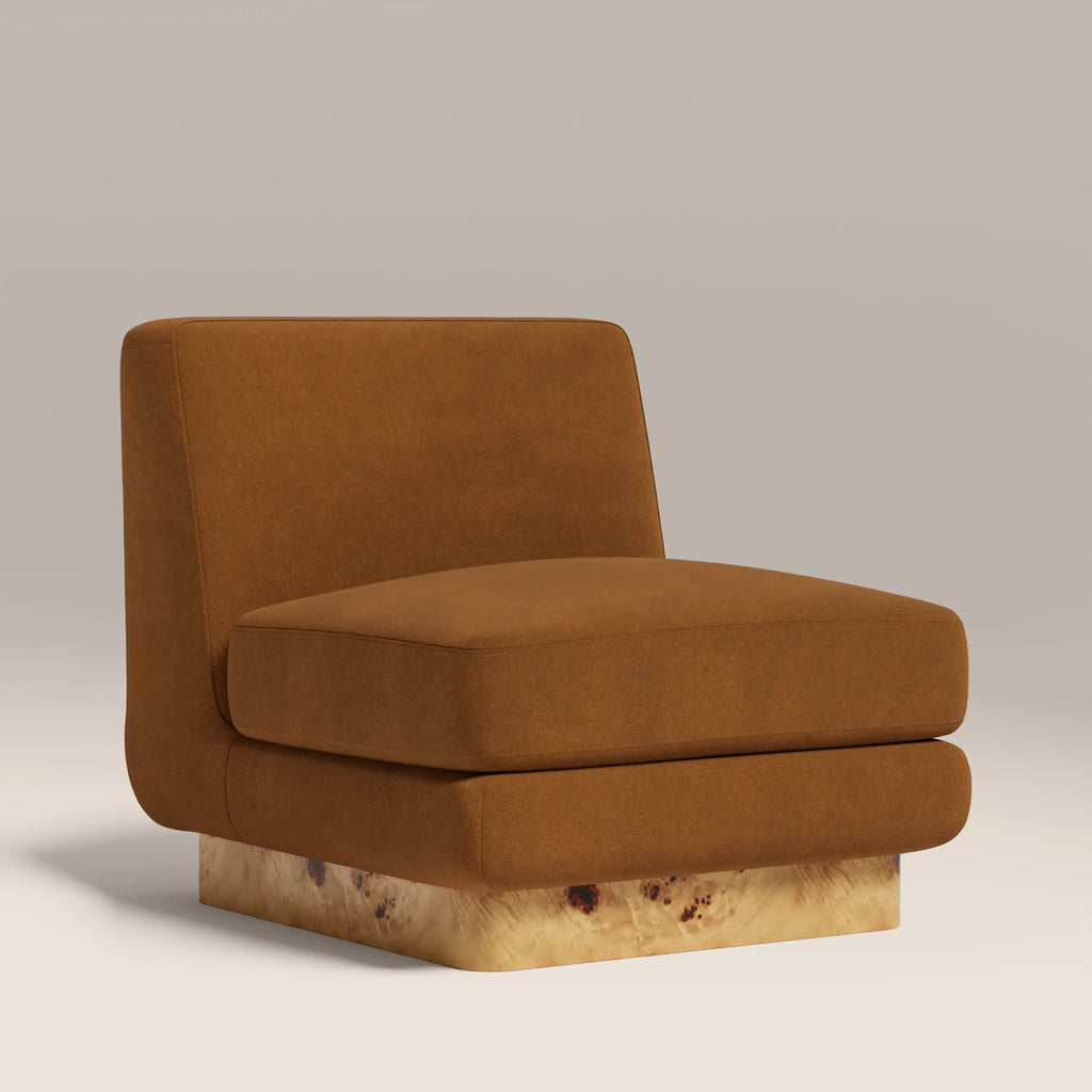 Harrison Accent Chair | Caramel Brown Sustainable Mohair Velvet & Burl Wood