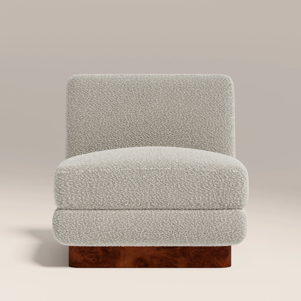 Harrison Accent Chair | Speckled Stone Sustainable Boucle & Walnut Burl Wood