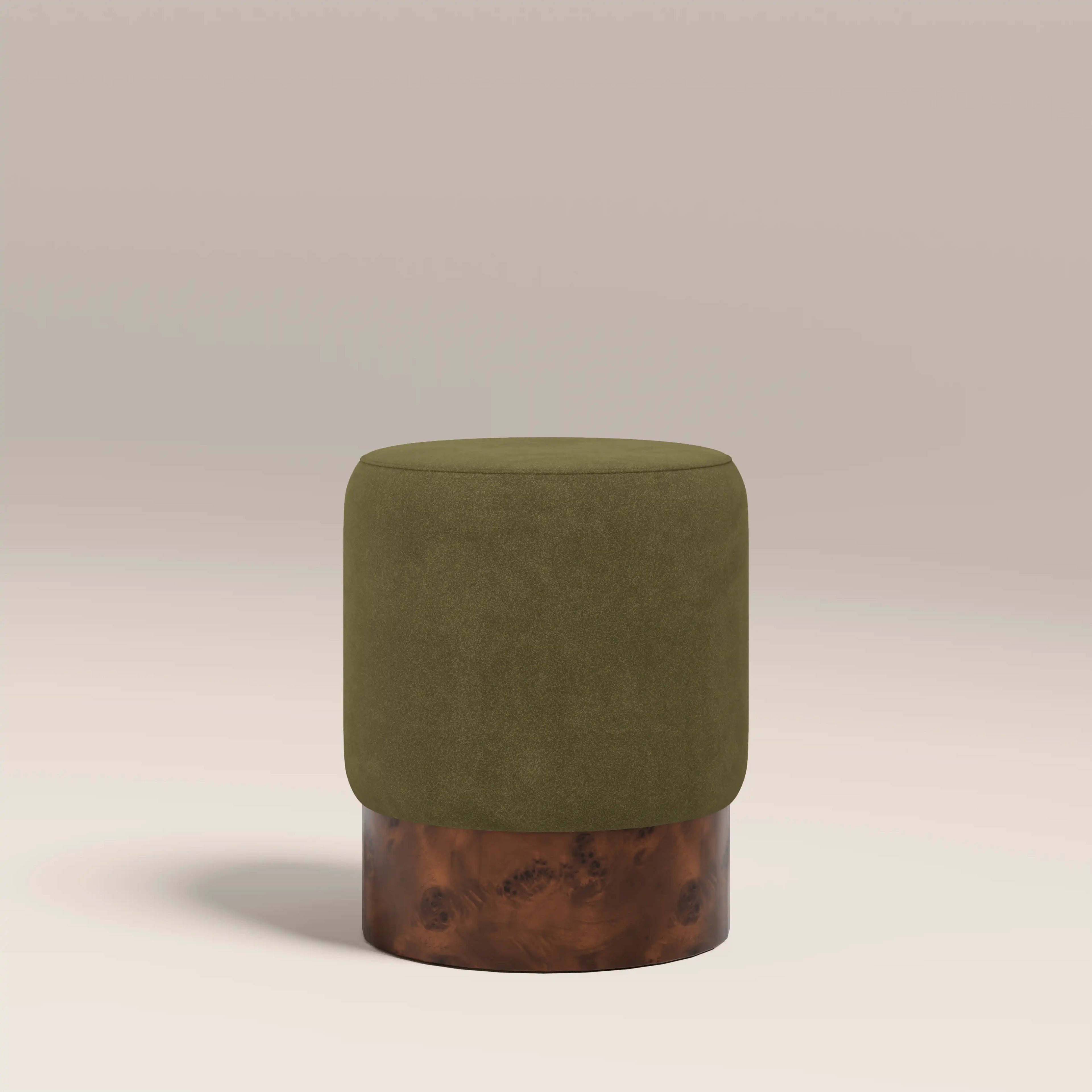 Marie Pouffe | Moss Green Sustainable Mohair Velvet & Walnut Burl