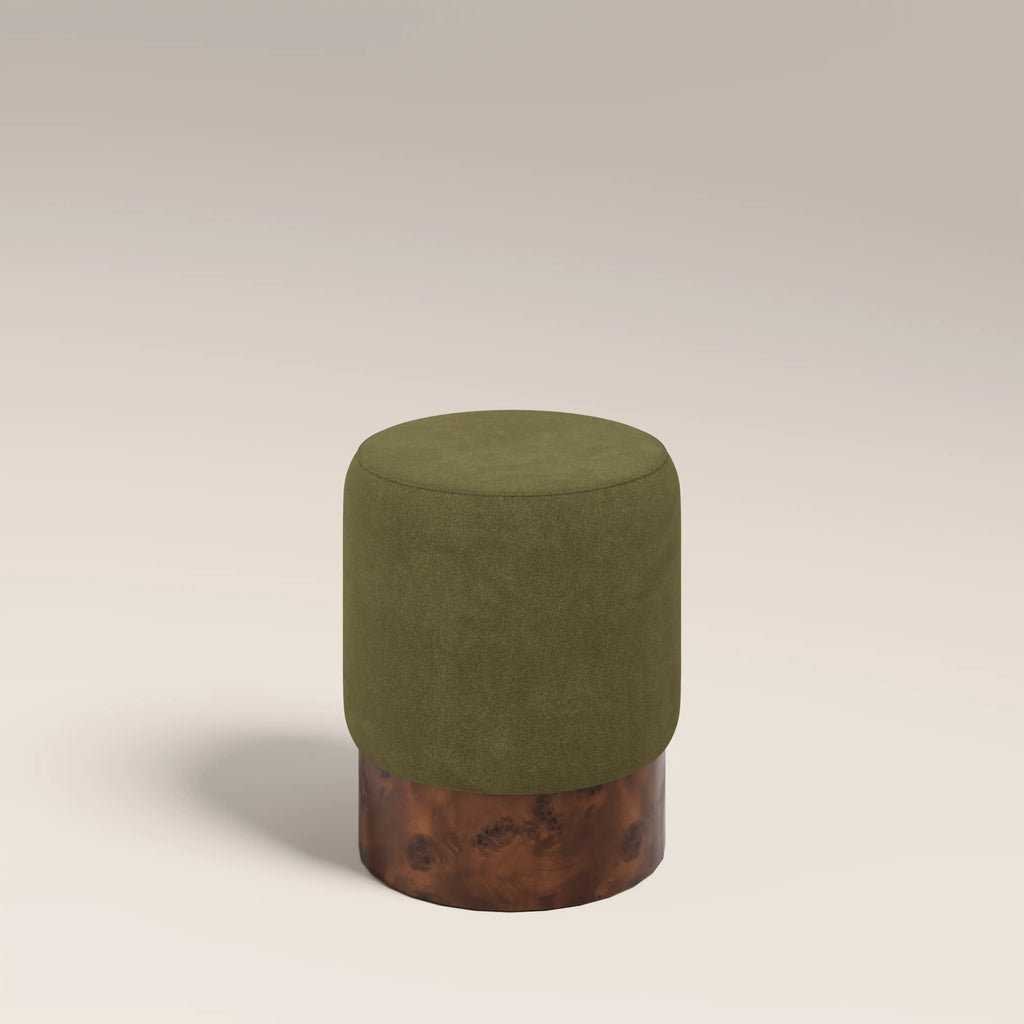 Marie Pouffe | Moss Green Sustainable Mohair Velvet & Walnut Burl