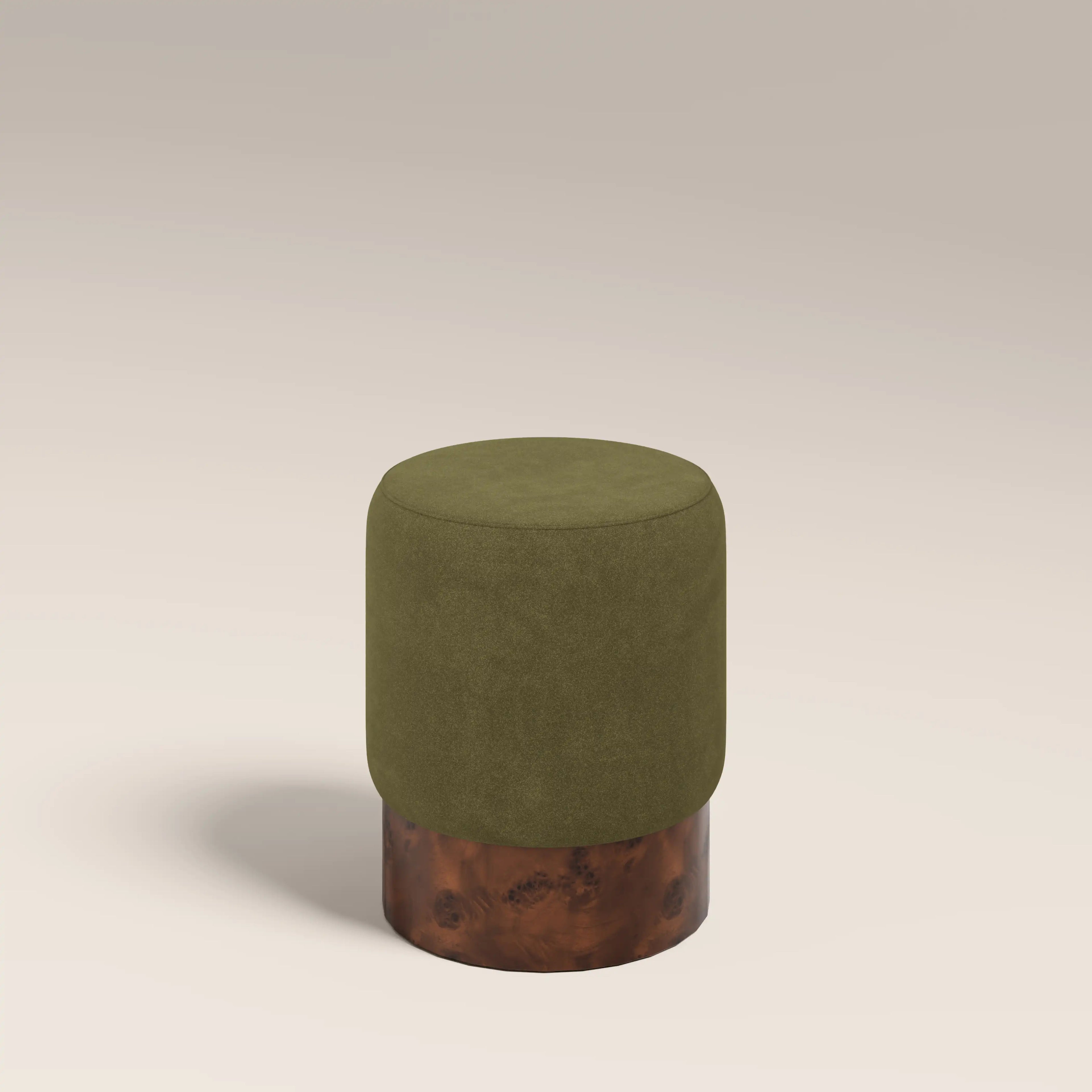 Marie Pouffe | Moss Green Sustainable Mohair Velvet & Walnut Burl