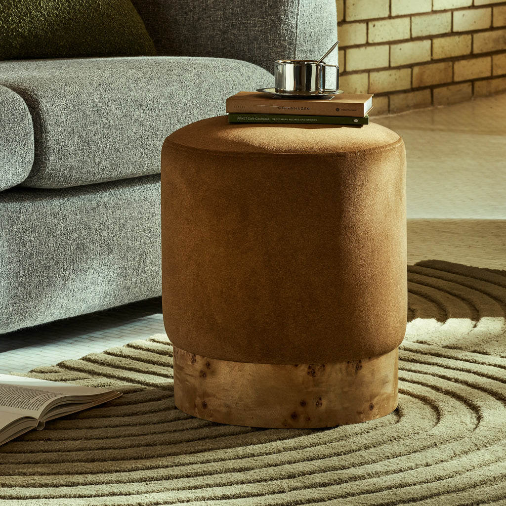 Marie Pouffe | Caramel Brown Sustainable Mohair Velvet & Burl Wood