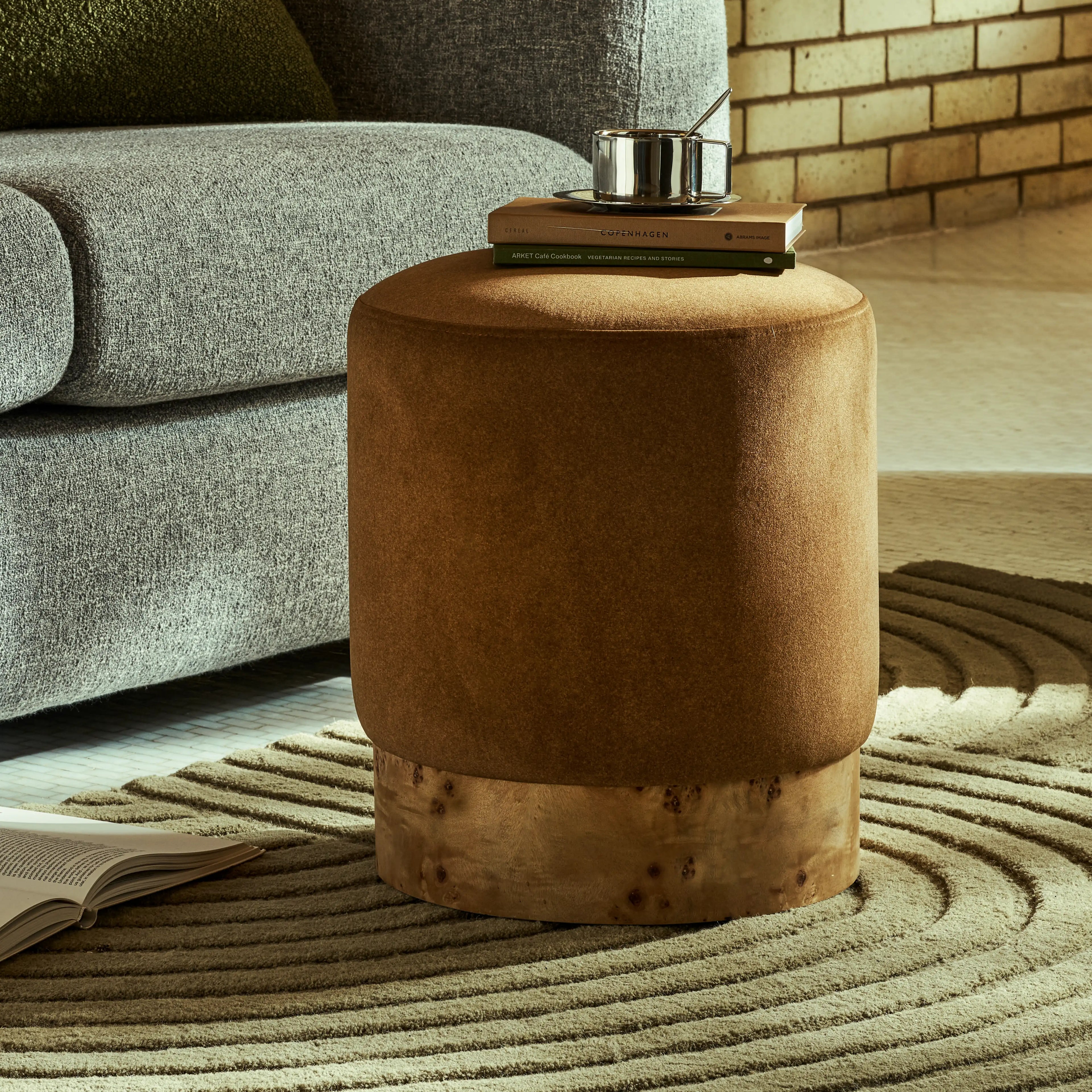 Marie Pouffe | Caramel Brown Sustainable Mohair Velvet & Burl Wood