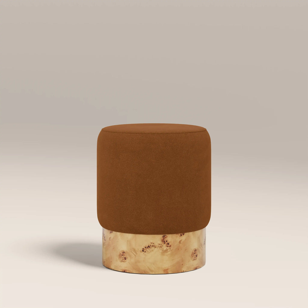 Marie Pouffe | Caramel Brown Sustainable Mohair Velvet & Burl Wood