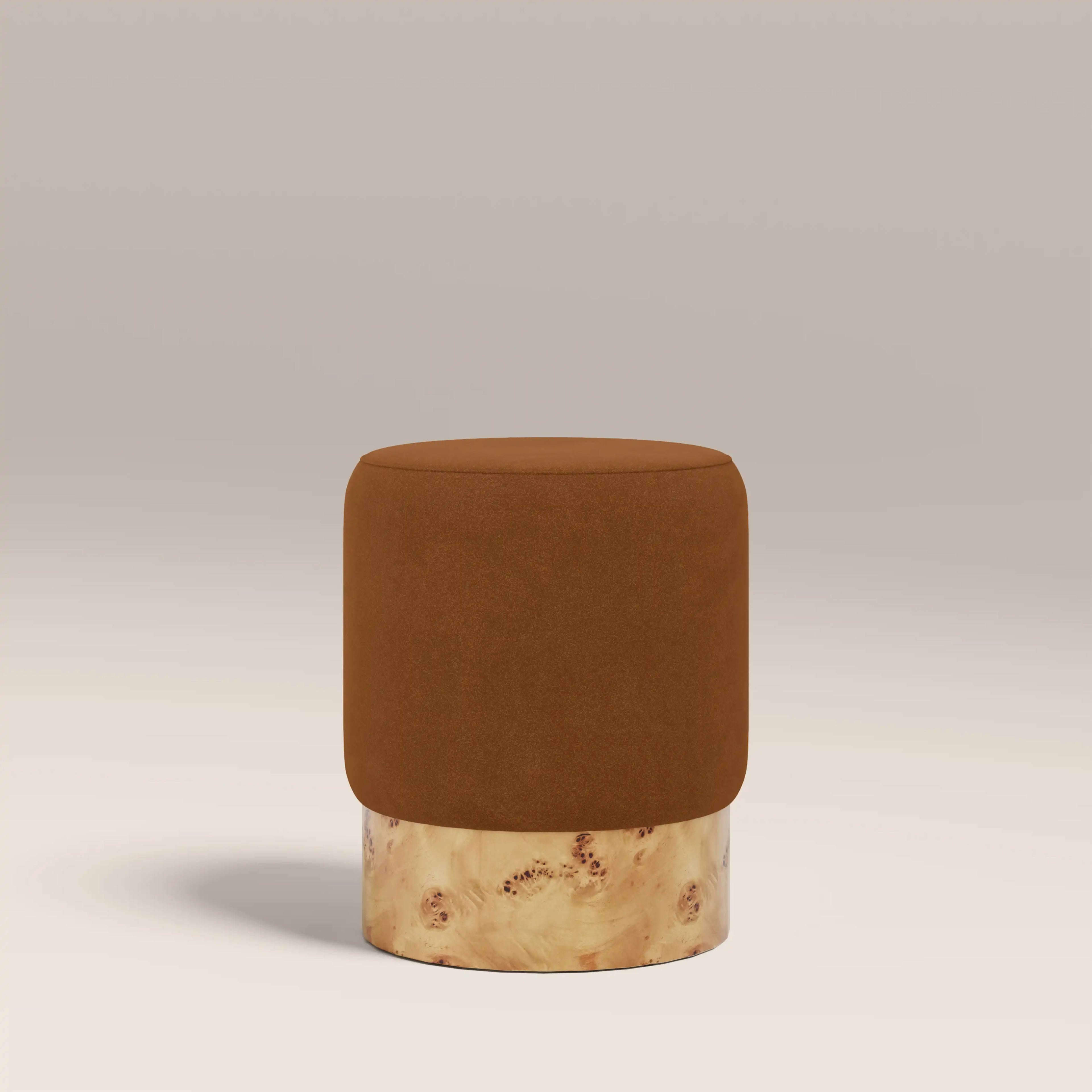 Marie Pouffe | Caramel Brown Sustainable Mohair Velvet & Burl Wood