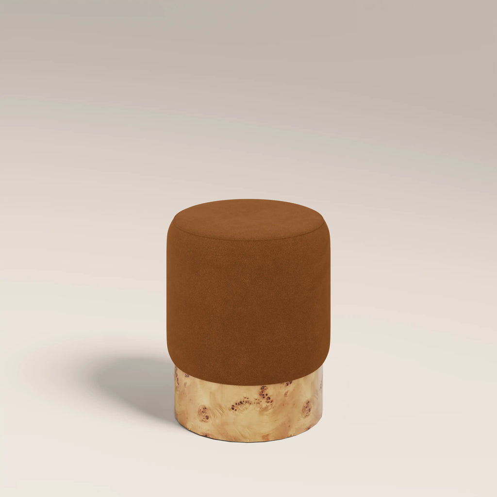 Marie Pouffe | Caramel Brown Sustainable Mohair Velvet & Burl Wood