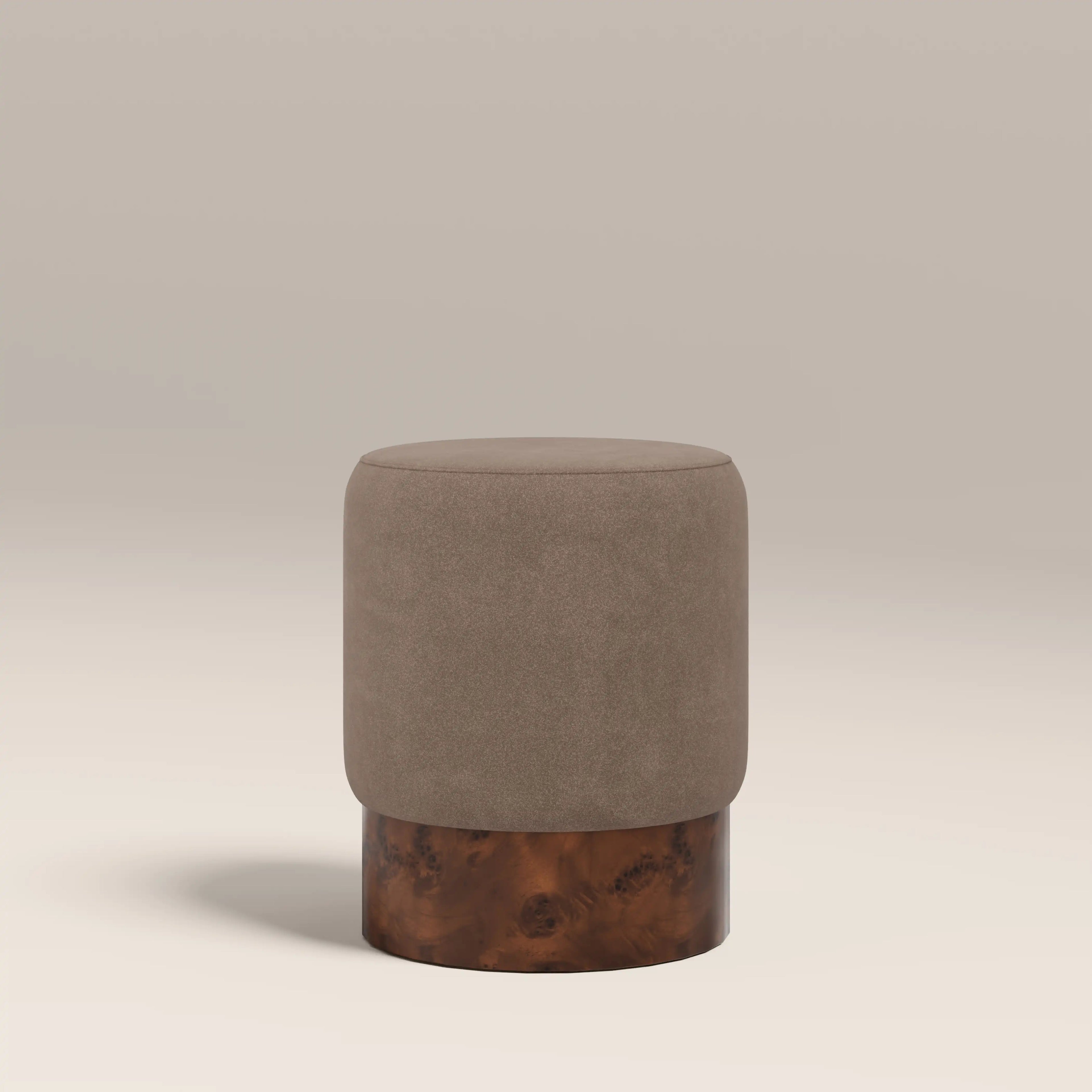 Marie Pouffe | Truffle Brown Sustainable Mohair Velvet & Walnut Burl Wood
