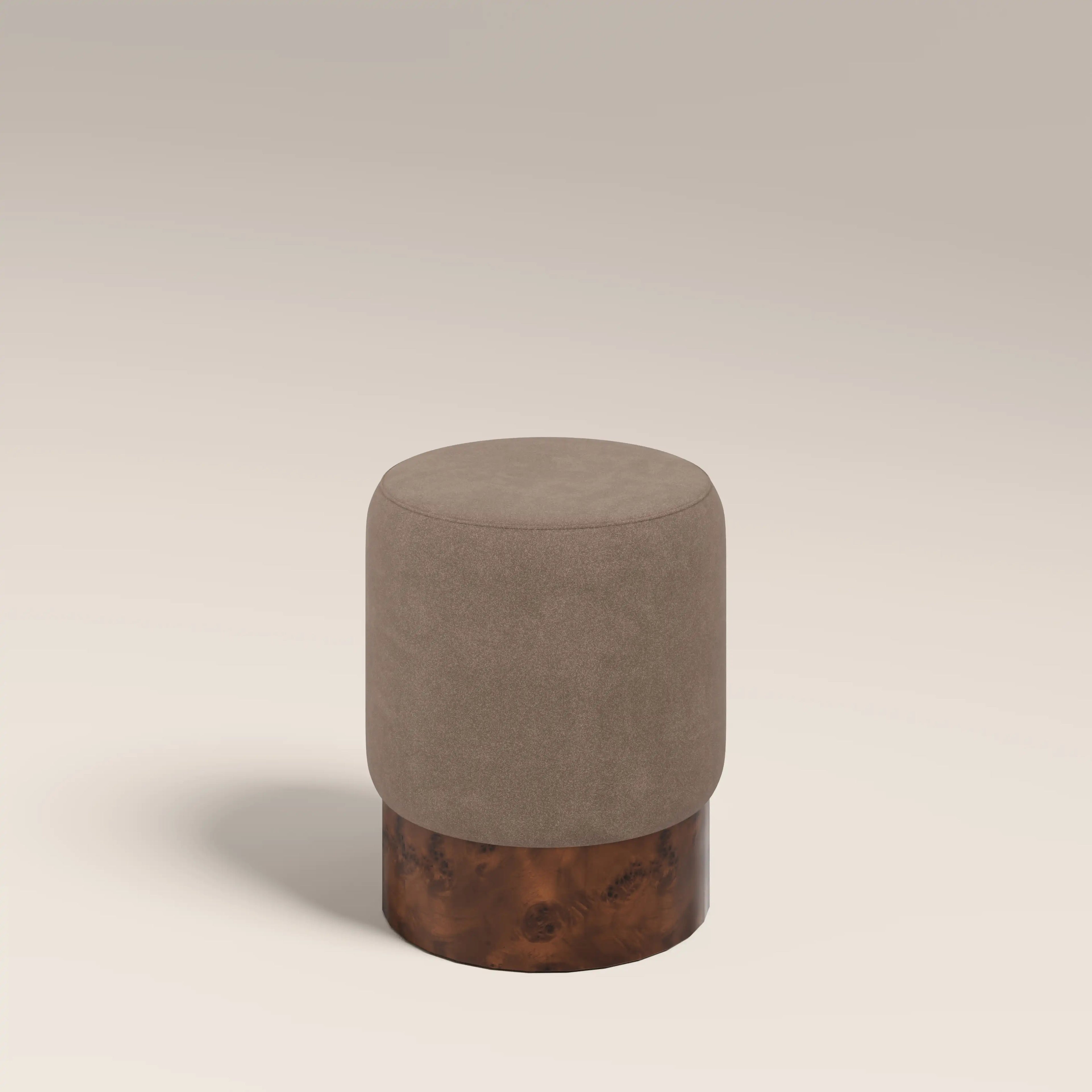 Marie Pouffe | Truffle Brown Sustainable Mohair Velvet & Walnut Burl Wood