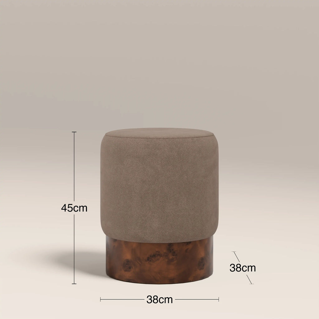 Marie Pouffe | Truffle Brown Sustainable Mohair Velvet & Walnut Burl Wood