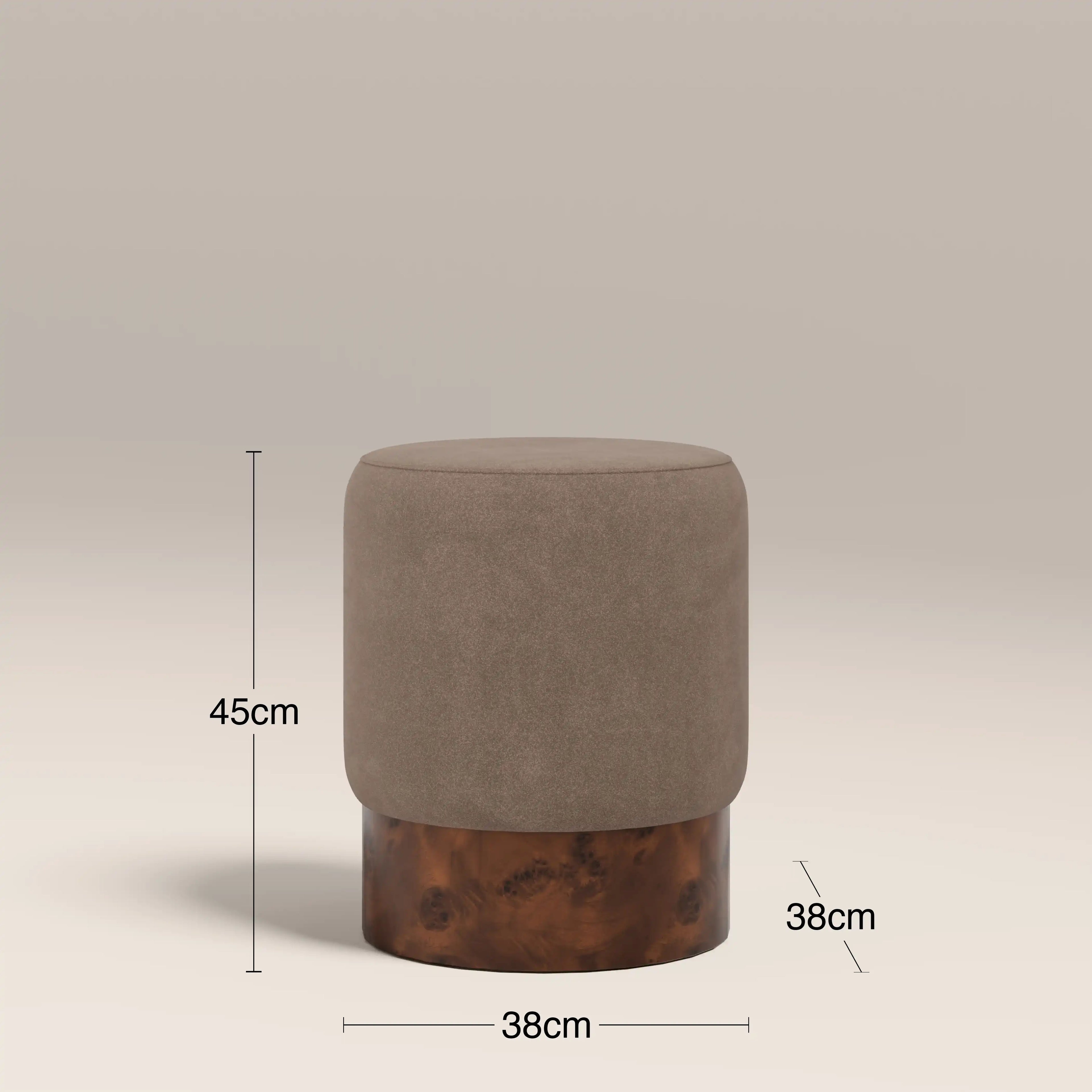 Marie Pouffe | Truffle Brown Sustainable Mohair Velvet & Walnut Burl Wood