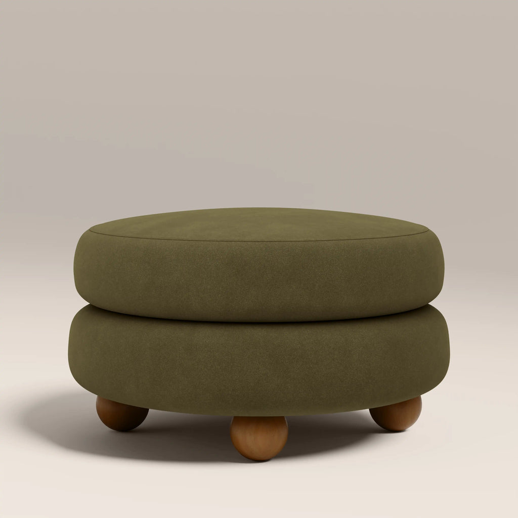 Hazel Footstool | Moss Green Sustainable Mohair Velvet & Walnut