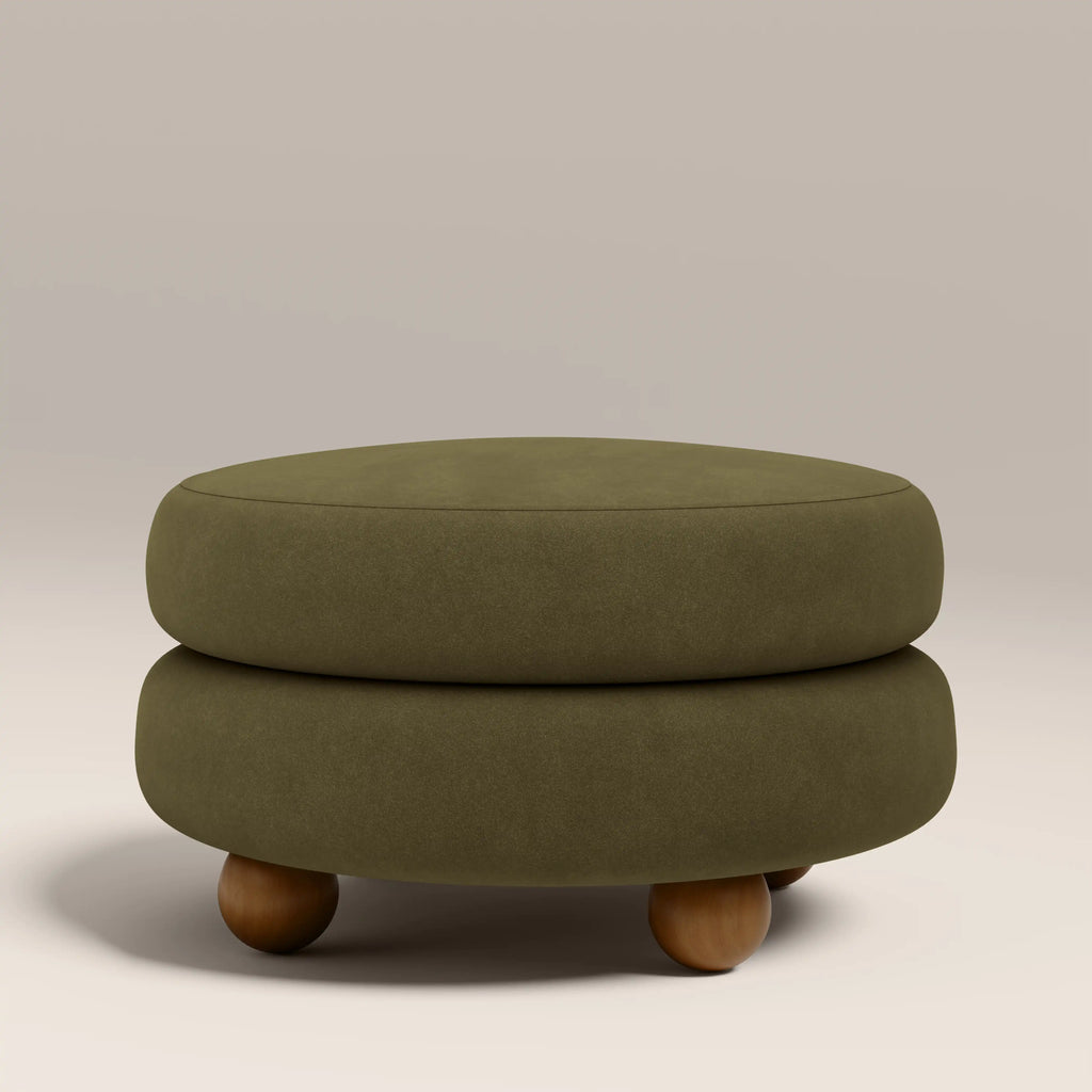 Hazel Footstool | Moss Green Sustainable Mohair Velvet & Walnut