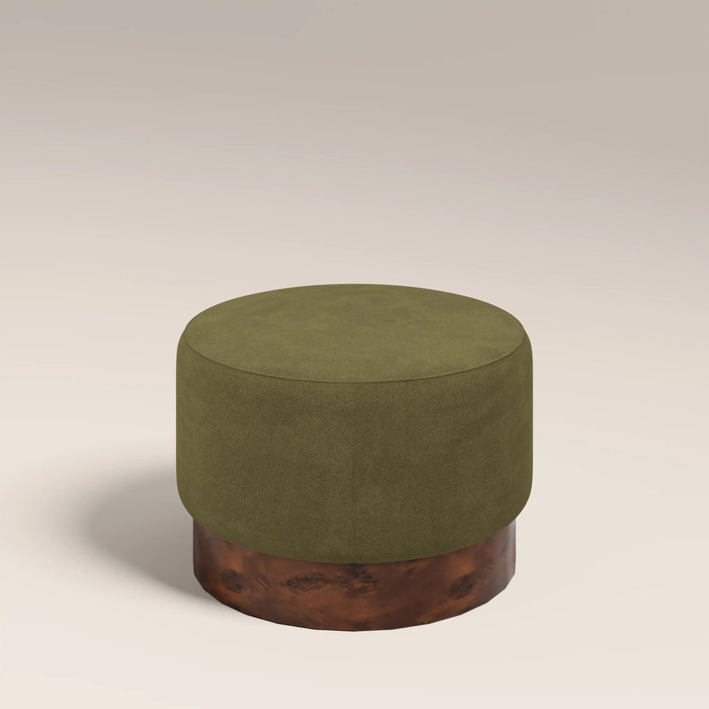 Marie Footstool | Moss Green Sustainable Mohair Velvet & Walnut Burl