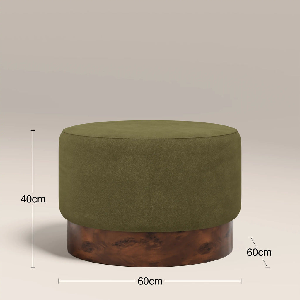 Marie Footstool | Moss Green Sustainable Mohair Velvet & Walnut Burl