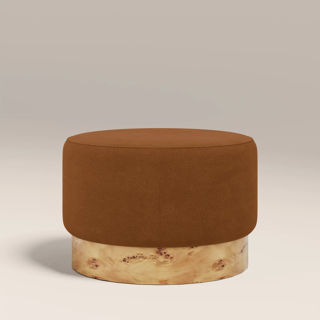 Marie Footstool | Caramel Brown Sustainable Mohair Velvet & Burl Wood