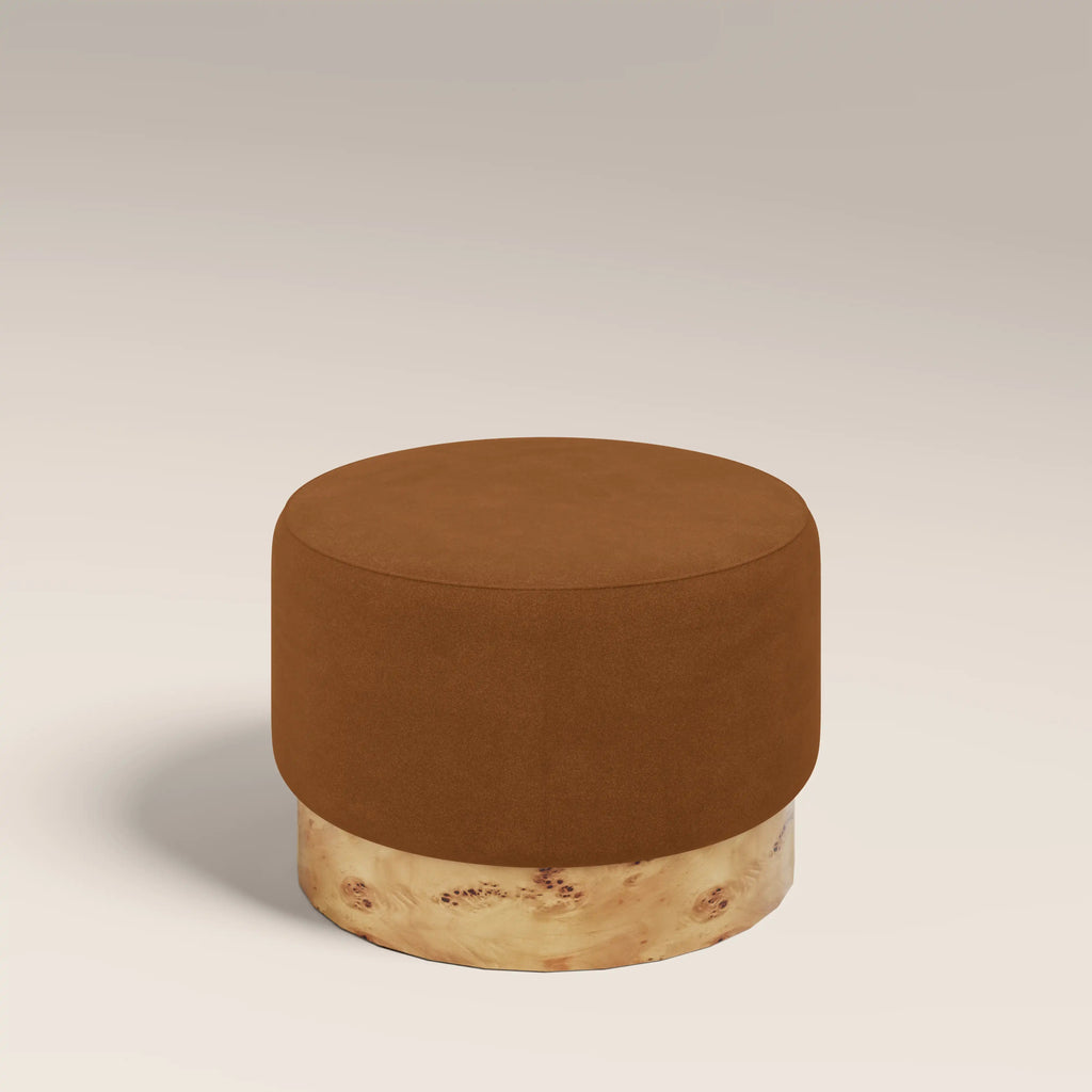 Marie Footstool | Caramel Brown Sustainable Mohair Velvet & Burl Wood