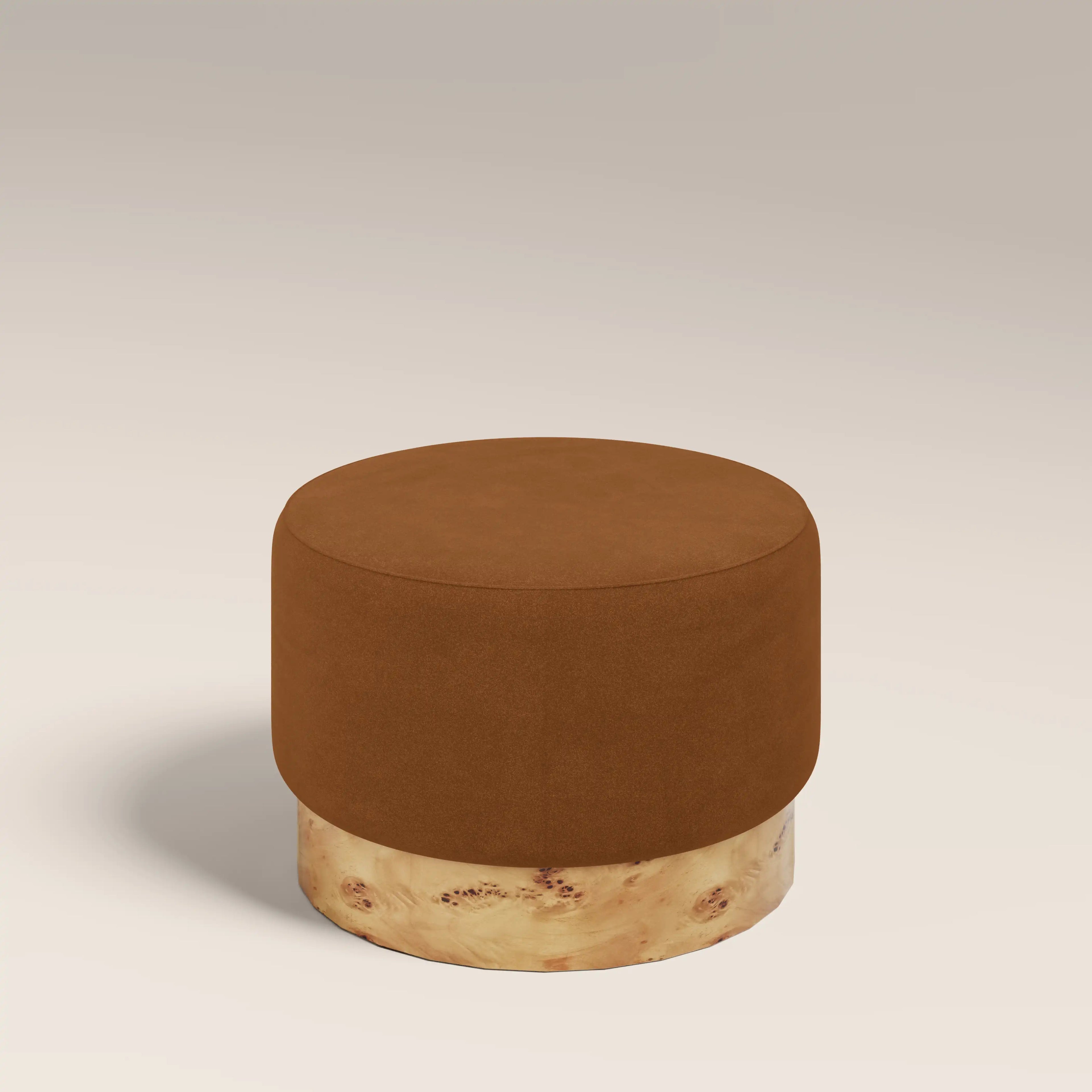 Marie Footstool | Caramel Brown Sustainable Mohair Velvet & Burl Wood