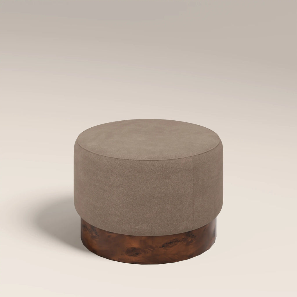 Marie Footstool | Truffle Brown Sustainable Mohair Velvet & Walnut Burl Wood