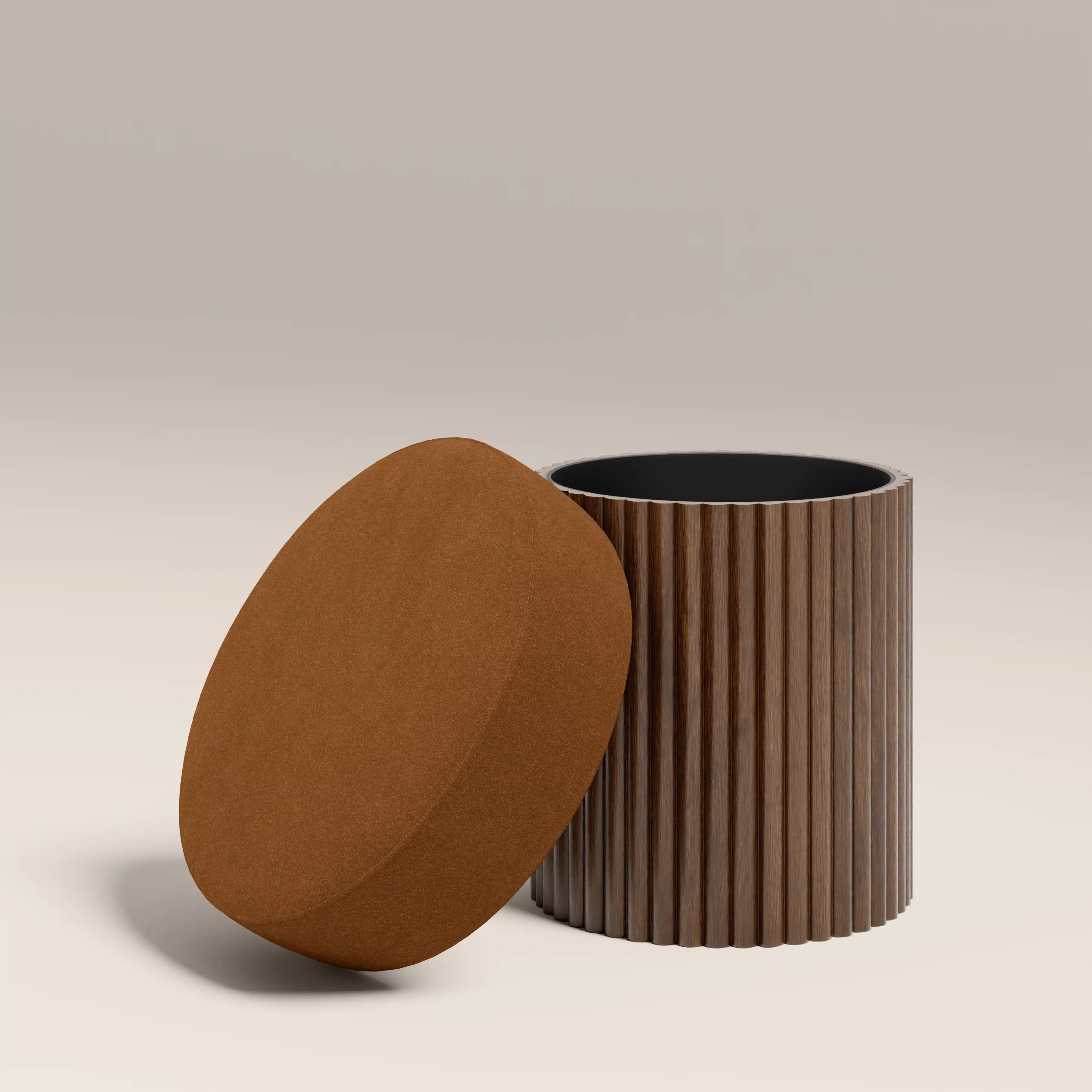 Alexis Storage Pouffe | Caramel Brown Sustainable Mohair Velvet & Walnut