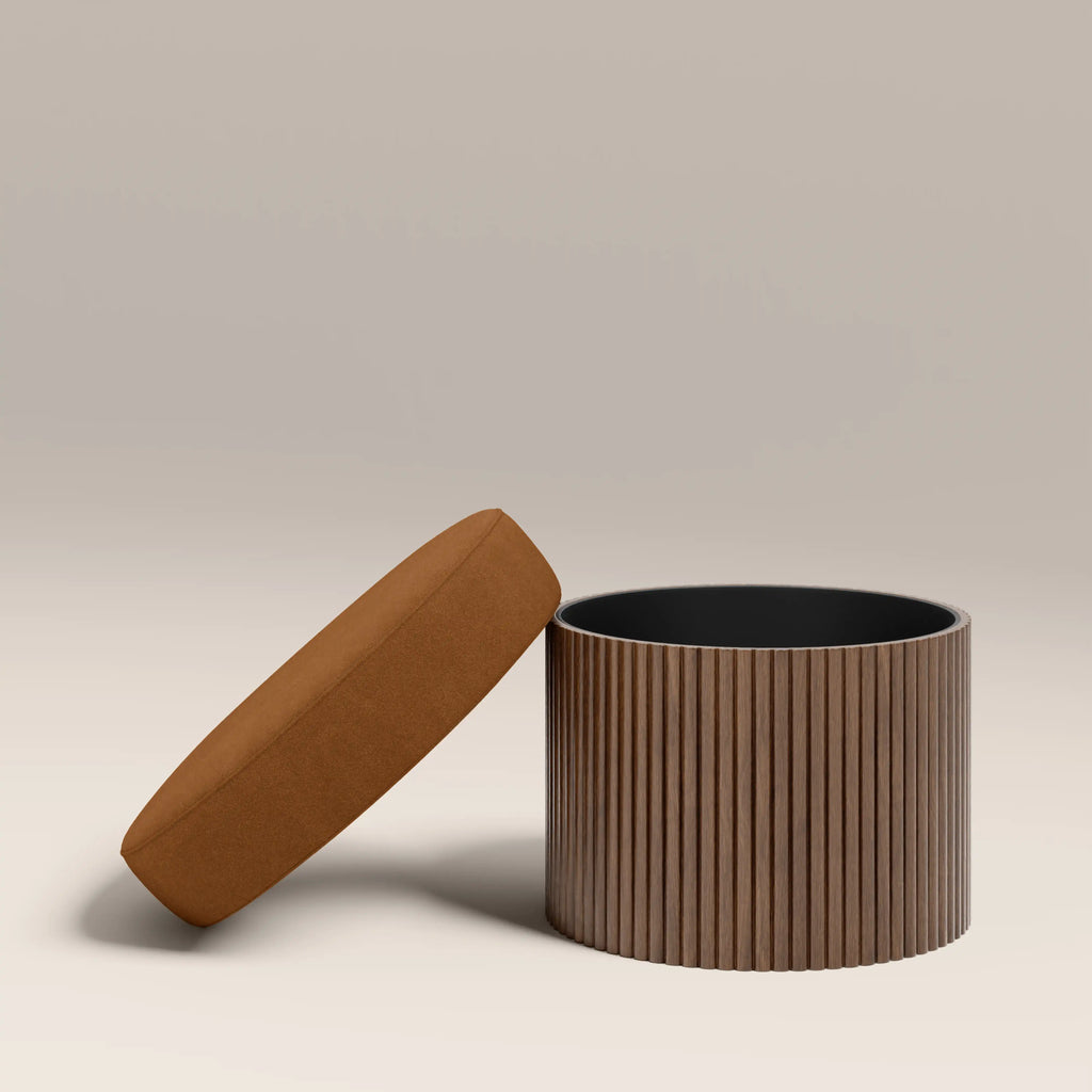 Alexis Storage Footstool | Caramel Brown Sustainable Mohair Velvet & Walnut