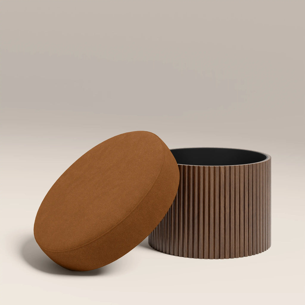 Alexis Storage Footstool | Caramel Brown Sustainable Mohair Velvet & Walnut