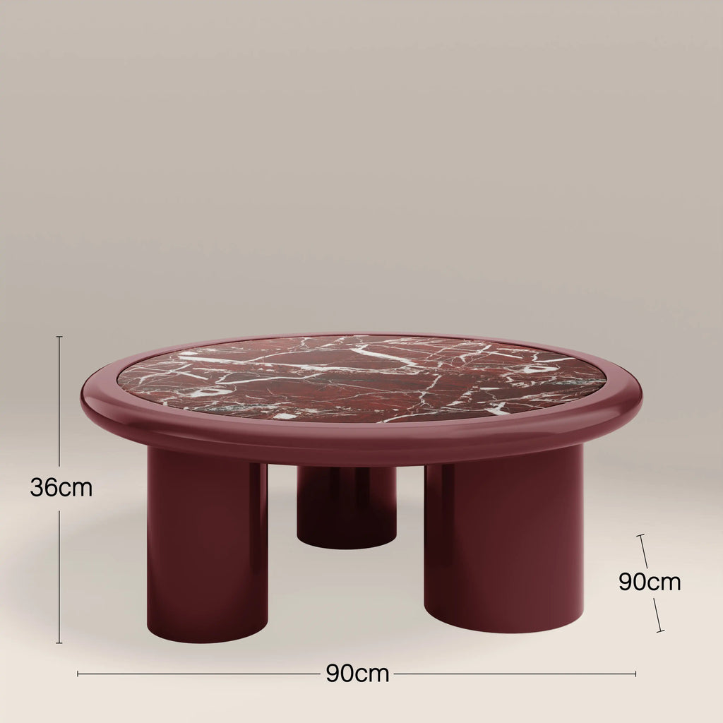 Carson Round Coffee Table | Maroon Red Marble & High Gloss Burgundy