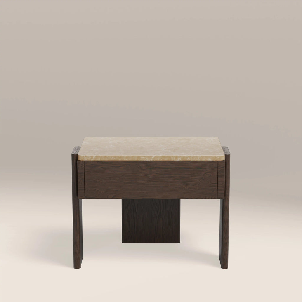 Conan Wooden 1 Drawer Bedside Table | Cappuccino Marble & Dark Walnut