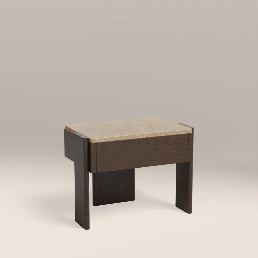 Conan Wooden 1 Drawer Bedside Table | Cappuccino Marble & Dark Walnut