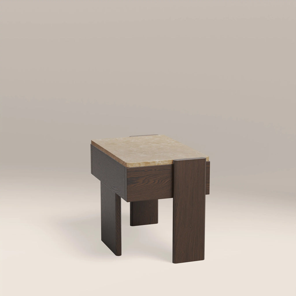 Conan Wooden 1 Drawer Bedside Table | Cappuccino Marble & Dark Walnut