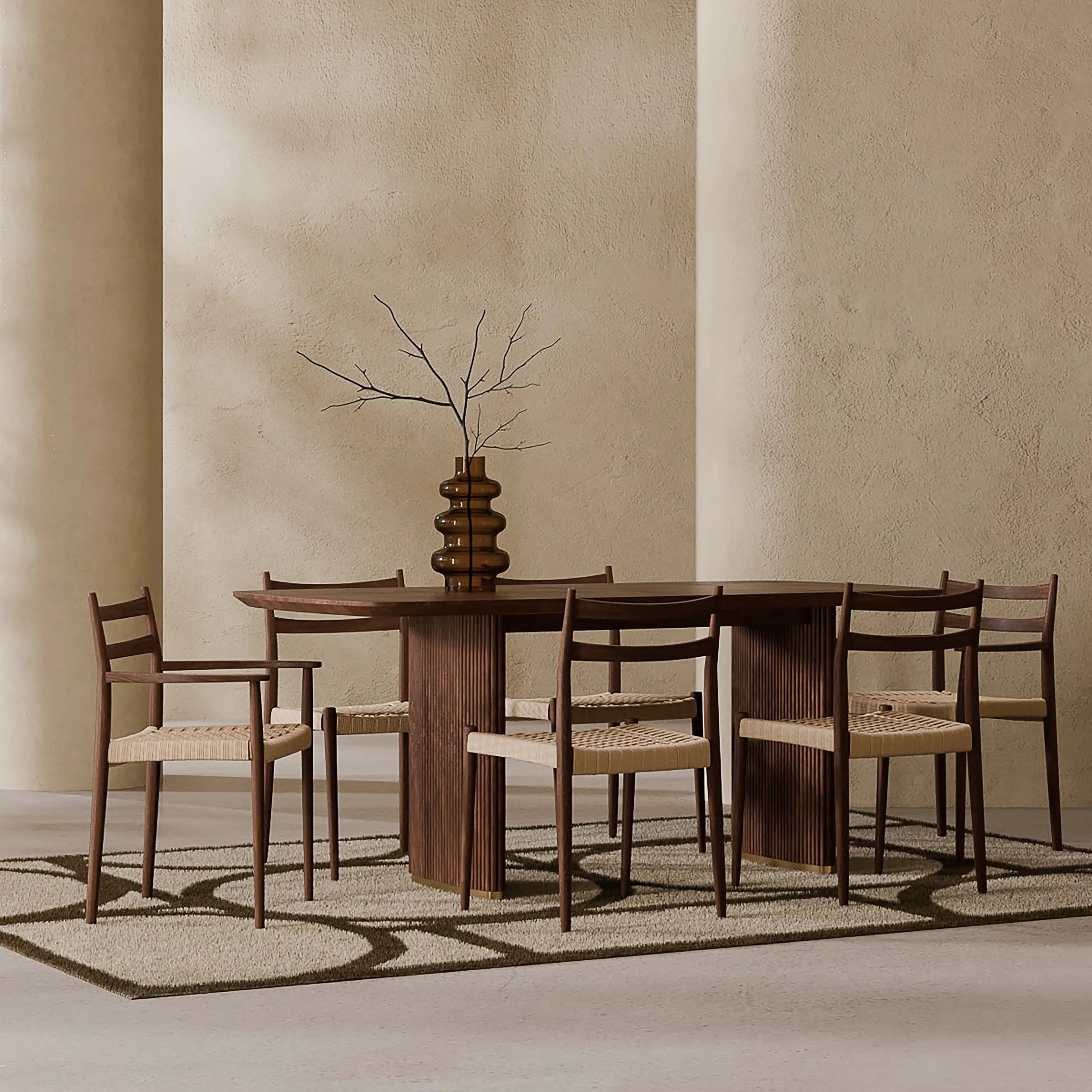 Caleb 6 Chairs Dining Set | Natural Weave & Walnut